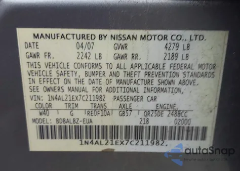 2007 Nissan Altima 2.5 S z USA, uszkodzony, nr VIN 1N4AL21EX7C211982